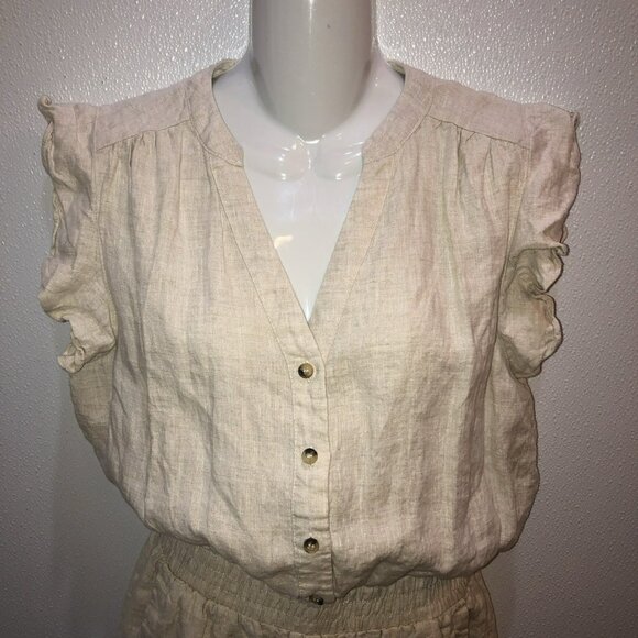 Grade & Gather Ruffle Sleeves 100% Linen Romper Button Up Top Medium - Picture 4 of 10